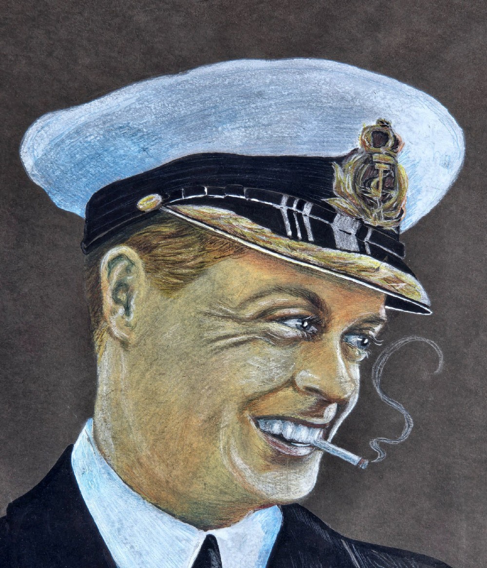A framed 1931 pastel portrait drawing depicting a smiling man in a naval uniform smoking a cigarette against a dark background within a double mount and dark wood frame. View VII