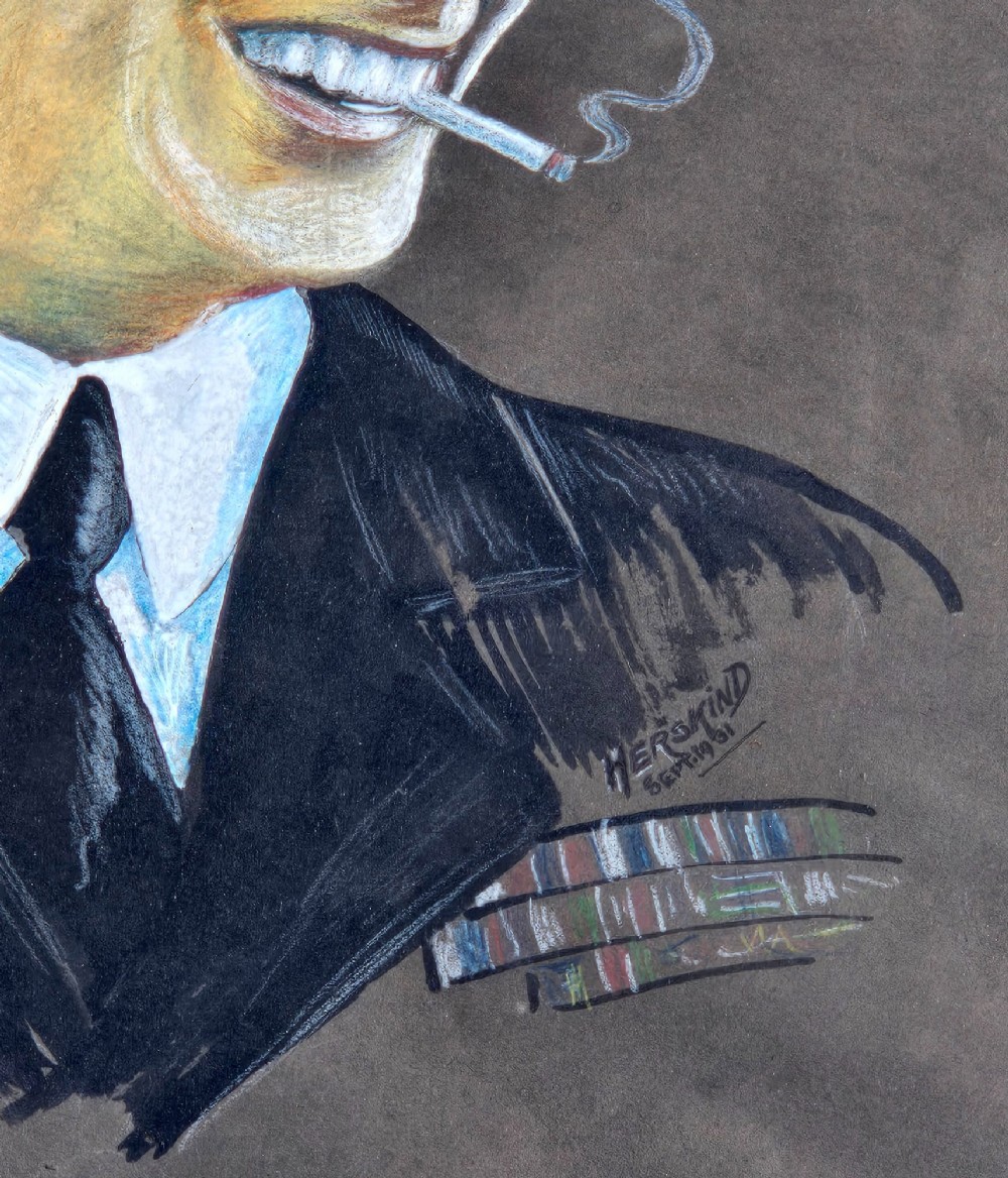 A framed 1931 pastel portrait drawing depicting a smiling man in a naval uniform smoking a cigarette against a dark background within a double mount and dark wood frame. View VIII