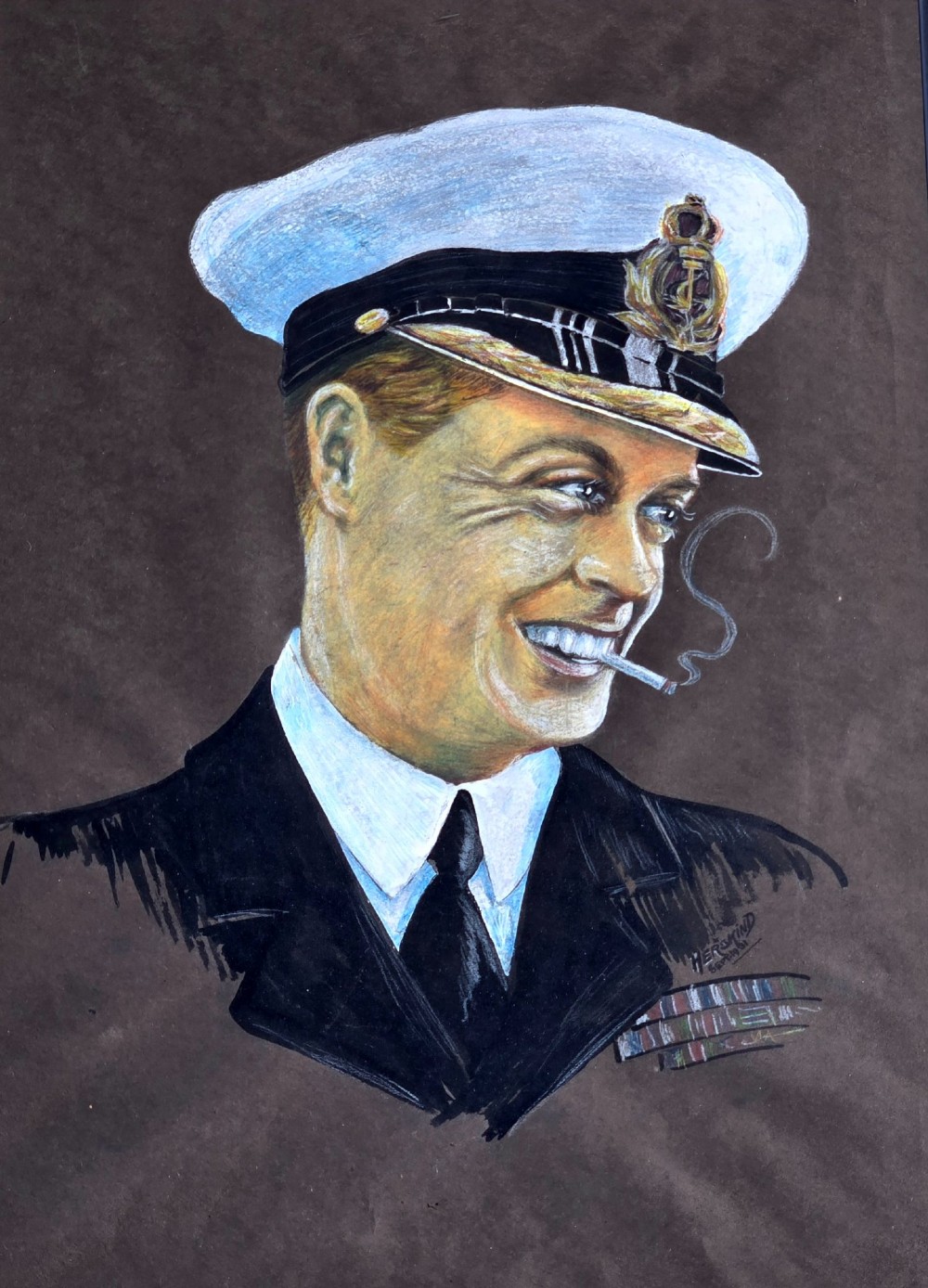 A framed 1931 pastel portrait drawing depicting a smiling man in a naval uniform smoking a cigarette against a dark background within a double mount and dark wood frame. View IX