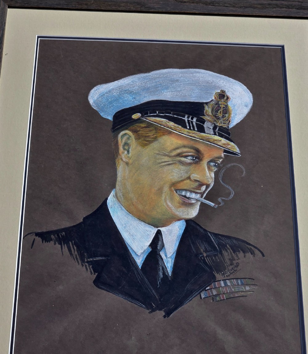 A framed 1931 pastel portrait drawing depicting a smiling man in a naval uniform smoking a cigarette against a dark background within a double mount and dark wood frame. View X