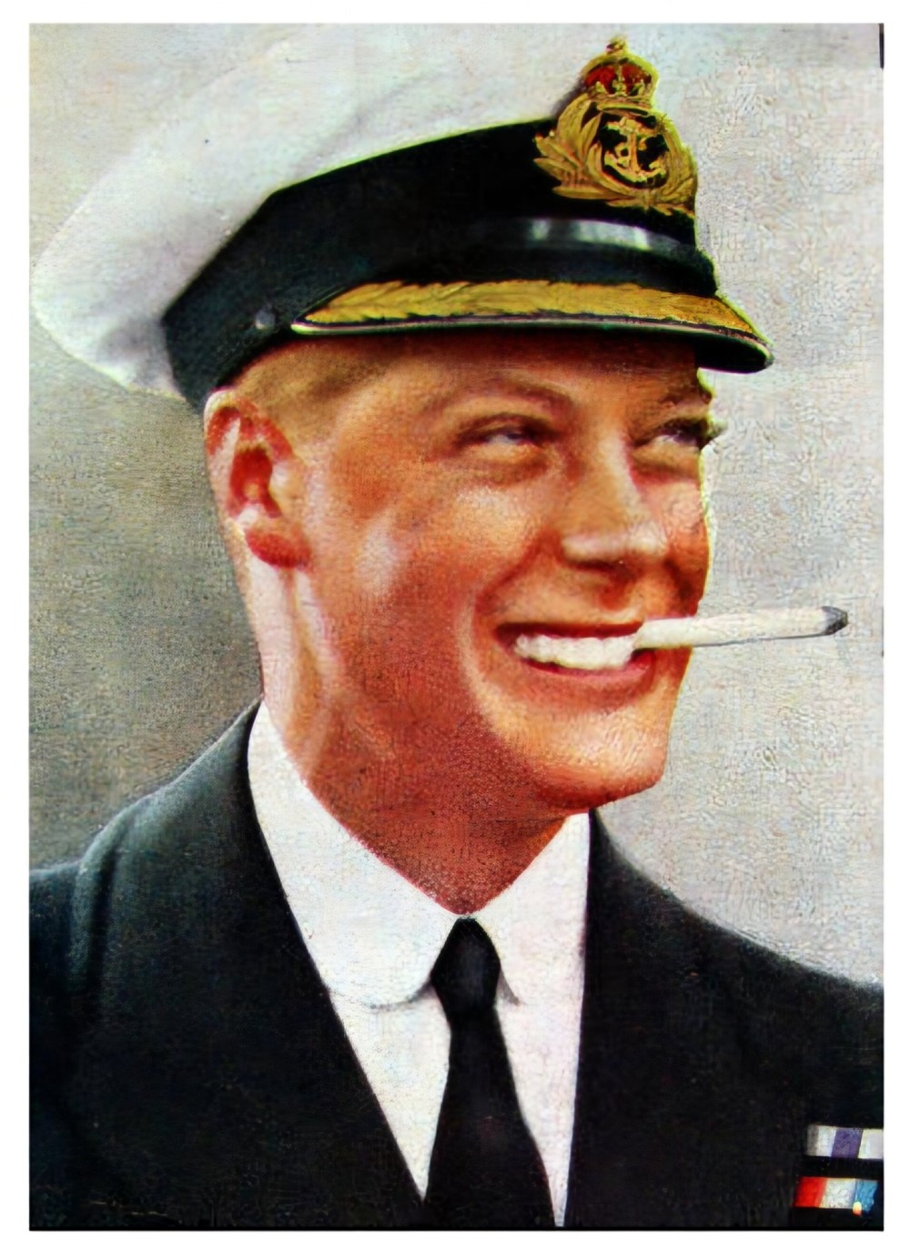 A framed 1931 pastel portrait drawing depicting a smiling man in a naval uniform smoking a cigarette against a dark background within a double mount and dark wood frame. View XIII