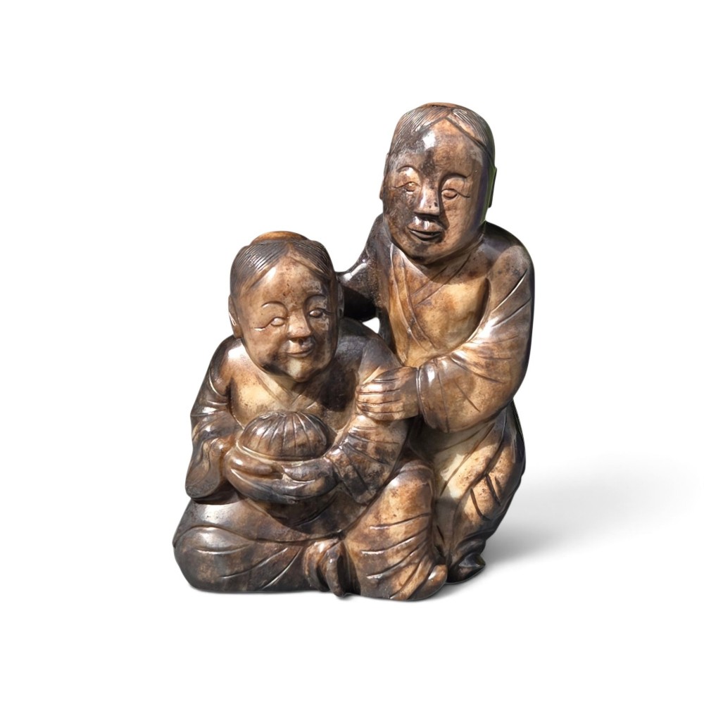 A Rare and Substantial Ming Dynasty Calcified Jade Figural Group of the Hehe Erxian Twins circa 1600