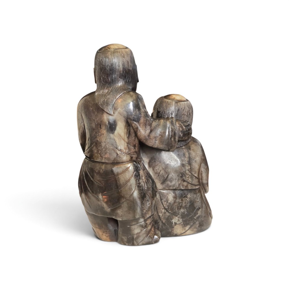 A Rare and Substantial Ming Dynasty Calcified Jade Figural Group of the Hehe Erxian Twins circa 1600 View V