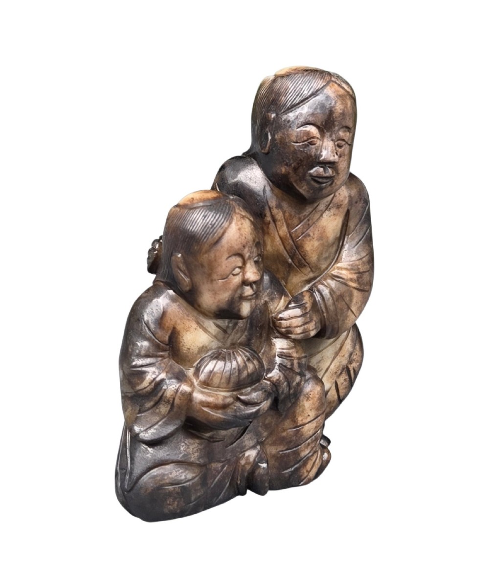 A Rare and Substantial Ming Dynasty Calcified Jade Figural Group of the Hehe Erxian Twins circa 1600 View XI