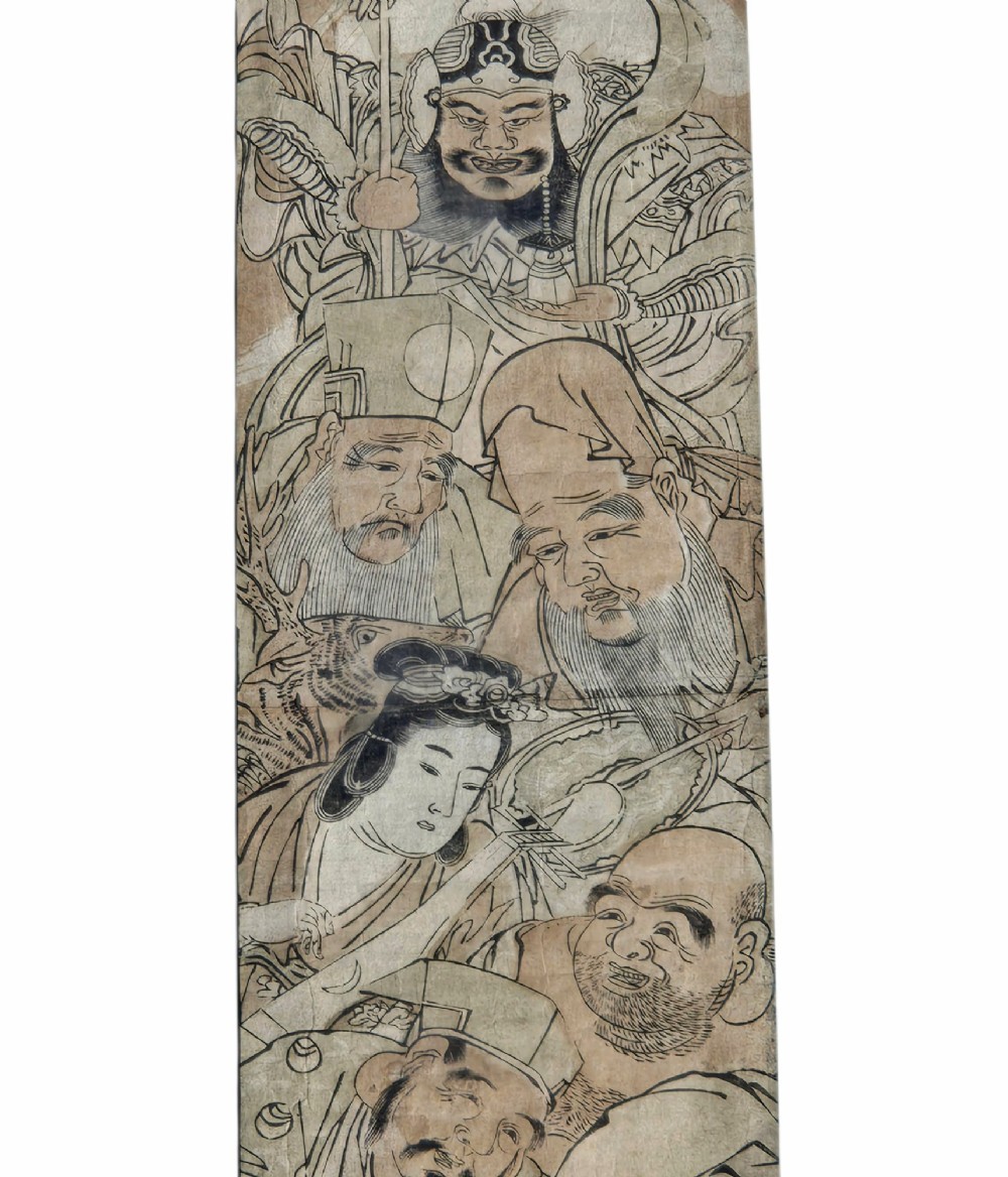A tall framed Japanese ukiyo-e woodblock print depicting seven figures aboard a vessel beneath a flying crane, presented in a gold frame with a wide cream mount. View VIII