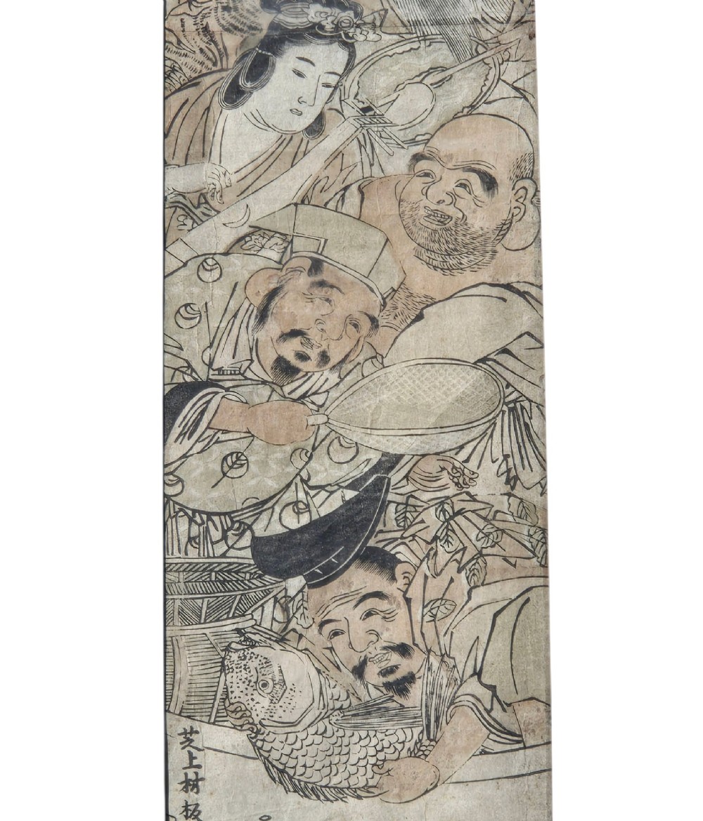 A tall framed Japanese ukiyo-e woodblock print depicting seven figures aboard a vessel beneath a flying crane, presented in a gold frame with a wide cream mount. View IX