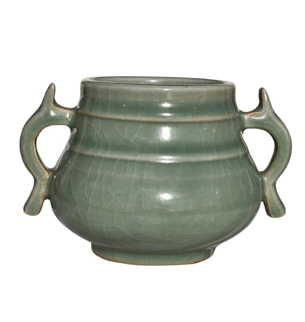 A celadon green crackle-glazed ceramic incense burner with two loop handles and raised horizontal bands. View III