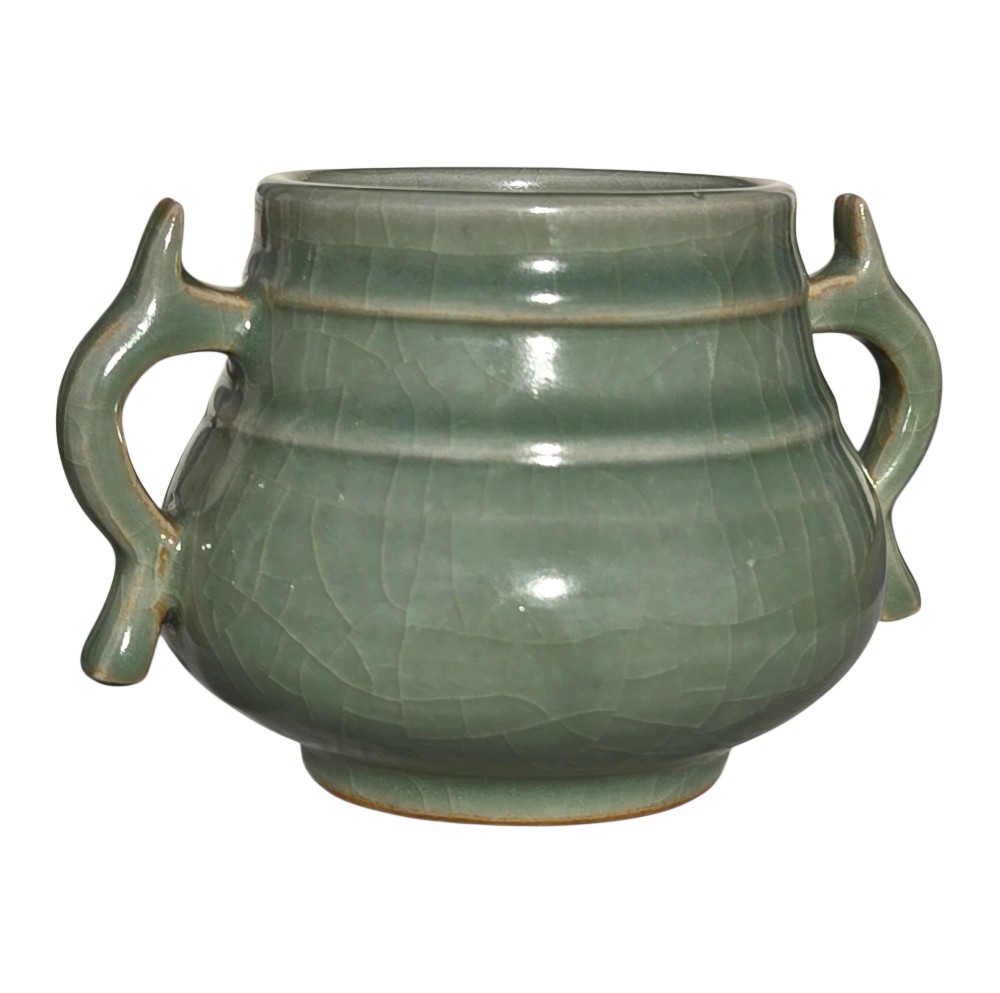 A celadon green crackle-glazed ceramic incense burner with two loop handles and raised horizontal bands. View X