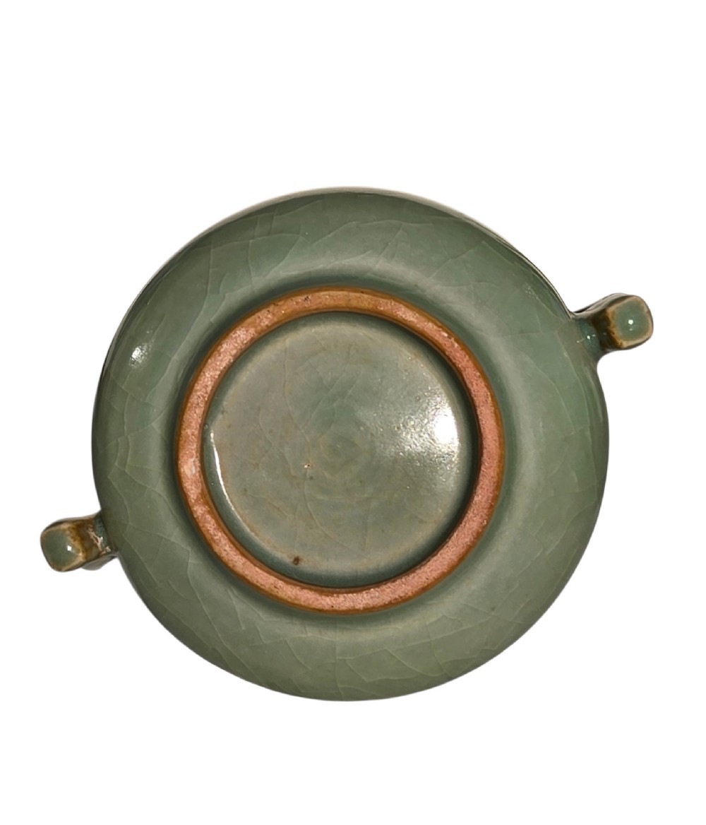A celadon green crackle-glazed ceramic incense burner with two loop handles and raised horizontal bands. View XIII