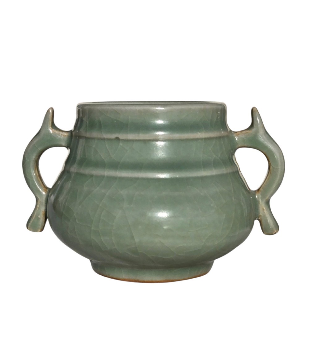 A celadon green crackle-glazed ceramic incense burner with two loop handles and raised horizontal bands. View XV