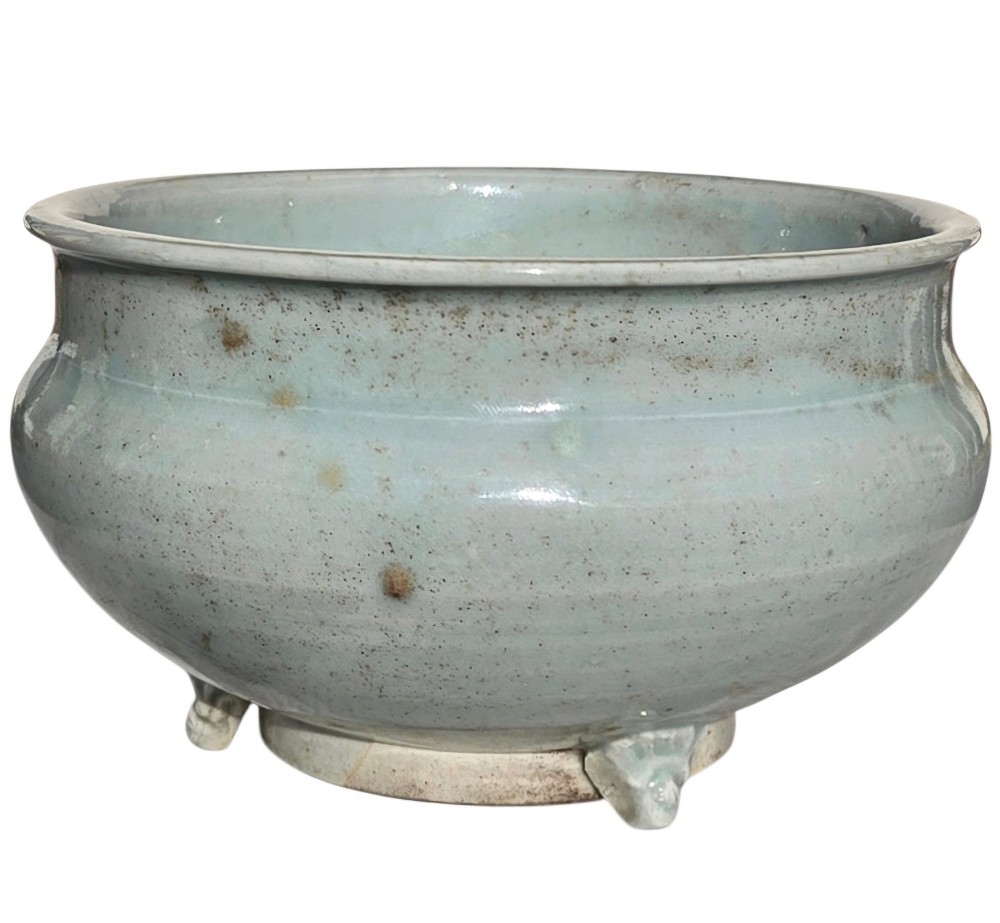 A Rare Chinese Pale Blue-Glazed Porcelain Archaistic Tripod Censer Early Ming Dynasty, 15th Century (Circa 1400–1480) View IV
