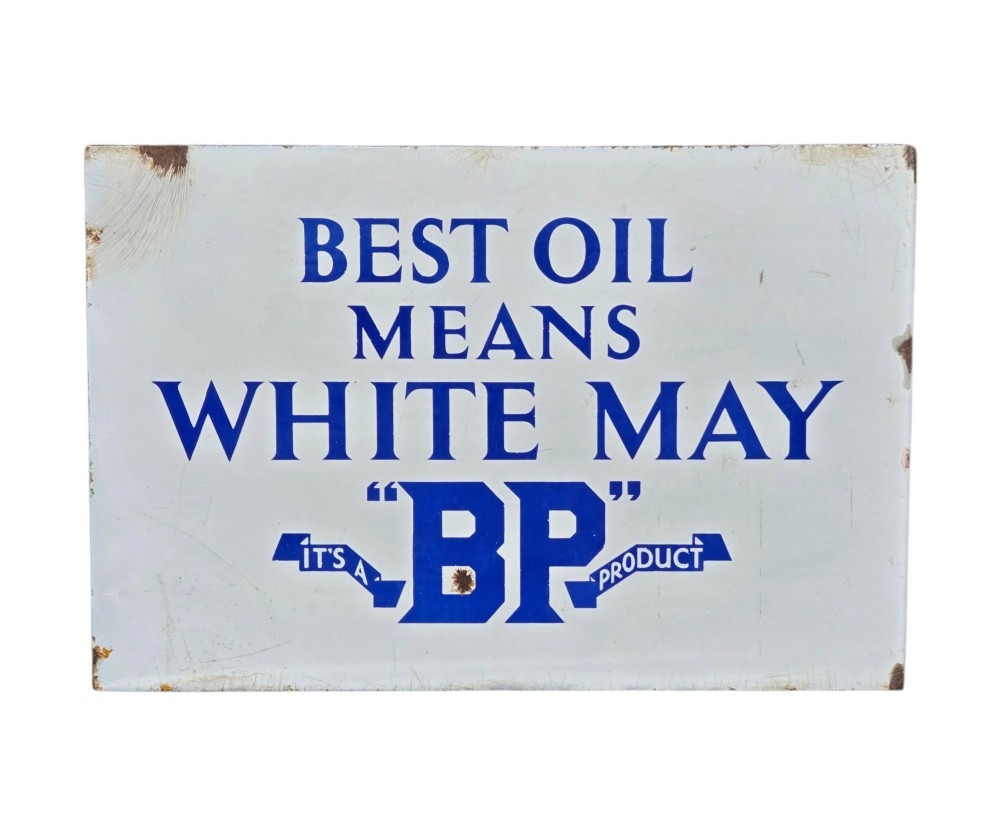 A rectangular double-sided white vitreous enamel sign displaying blue lettering that reads Best Oil Means White May BP Product. View II