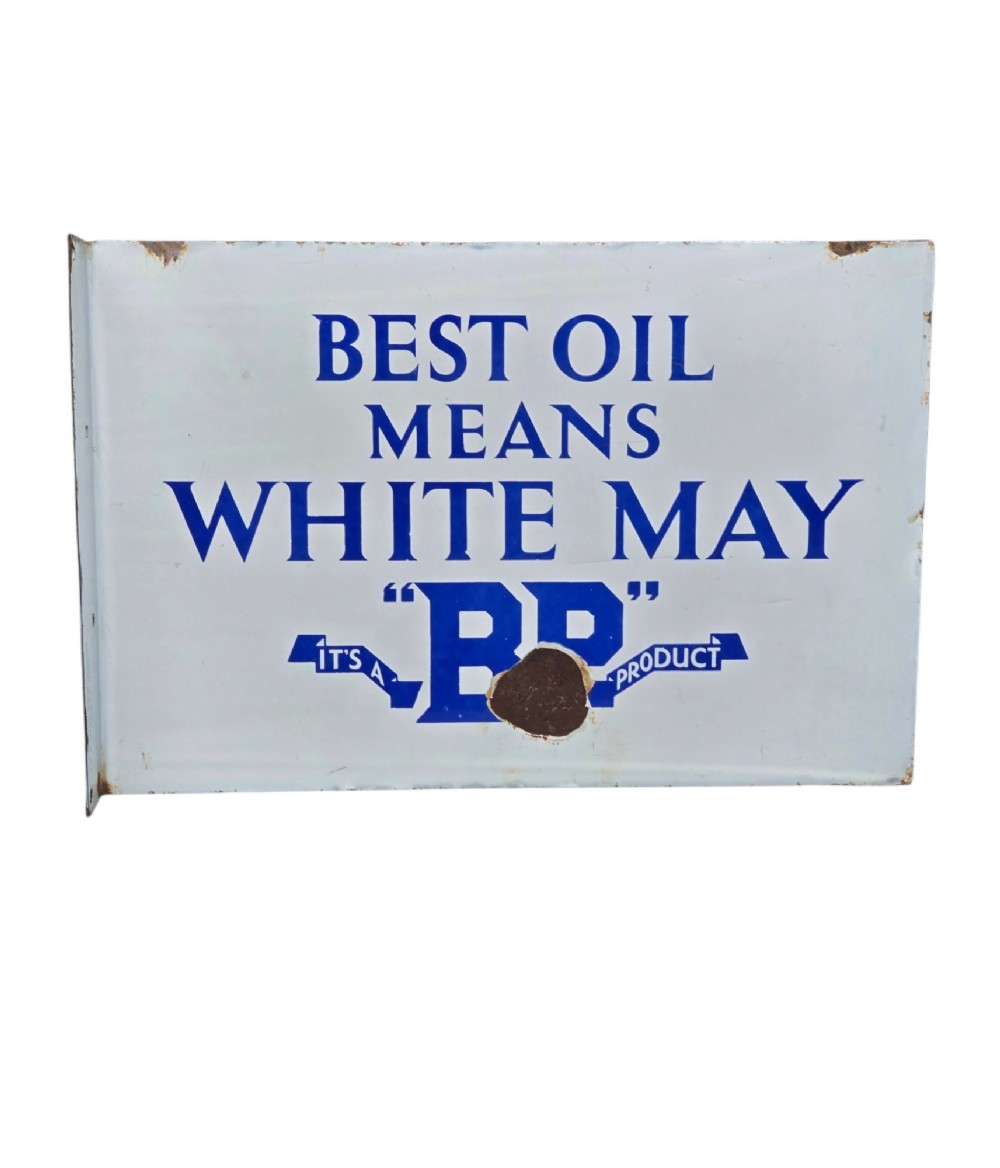 A rectangular double-sided white vitreous enamel sign displaying blue lettering that reads Best Oil Means White May BP Product. View V