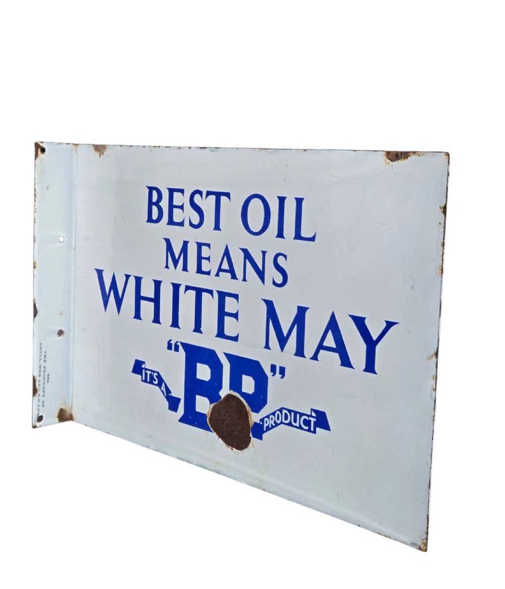 A rectangular double-sided white vitreous enamel sign displaying blue lettering that reads Best Oil Means White May BP Product. View VI