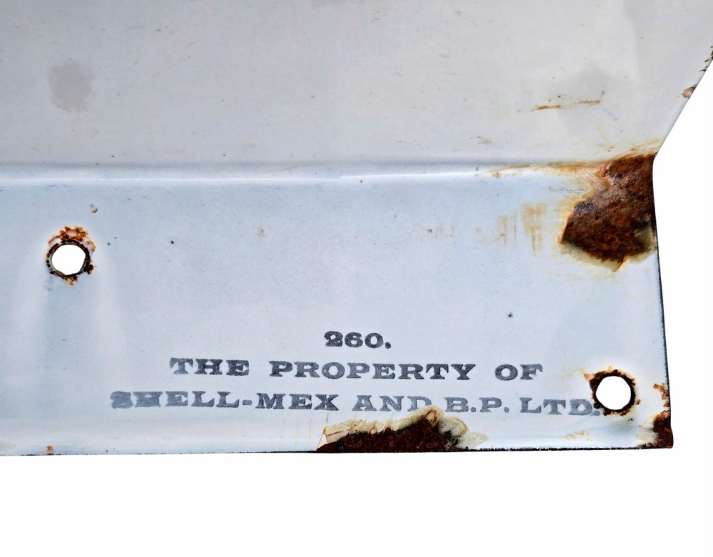 A rectangular double-sided white vitreous enamel sign displaying blue lettering that reads Best Oil Means White May BP Product. View VII