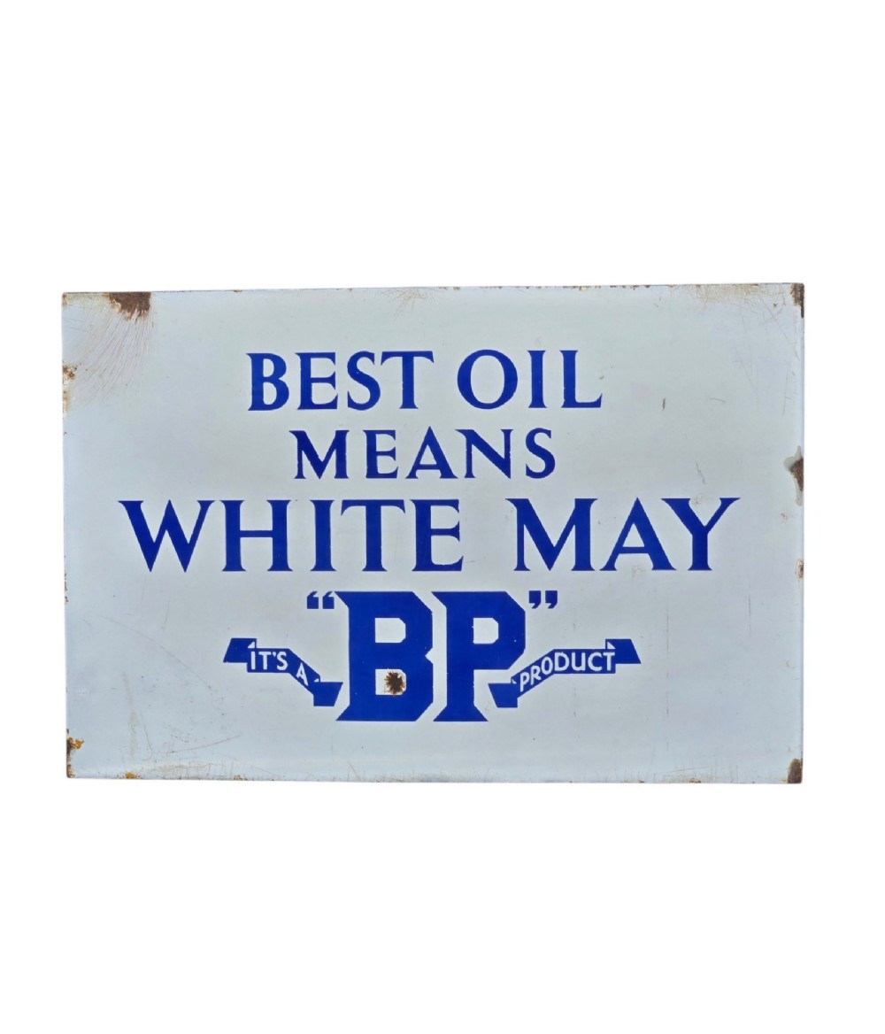 A rectangular double-sided white vitreous enamel sign displaying blue lettering that reads Best Oil Means White May BP Product. View VIII