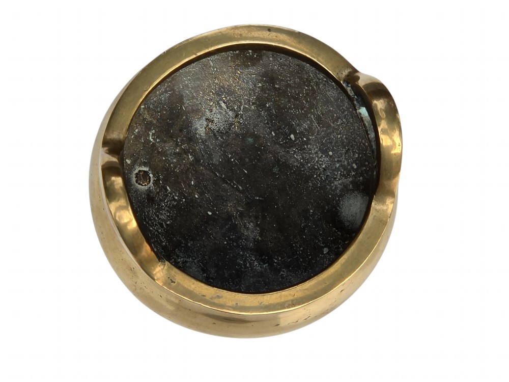 A miniature cast bronze tripod censer featuring loop handles, conical legs, and natural surface patination. View IV