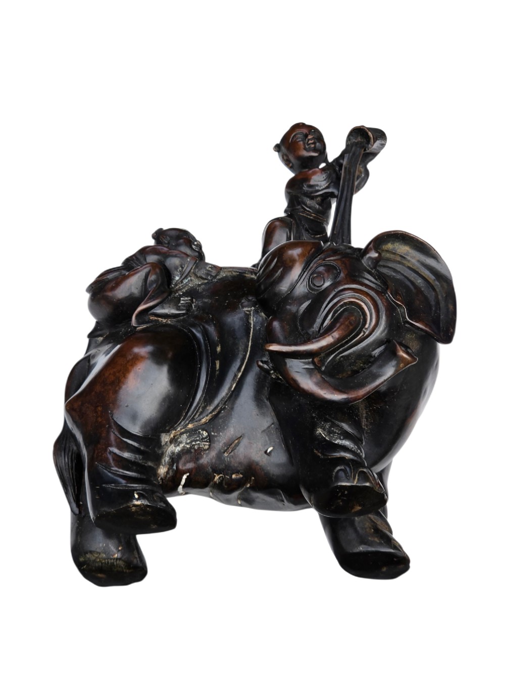 A dark patinated bronze Chinese sculpture depicting two young boys washing a caparisoned elephant. View V