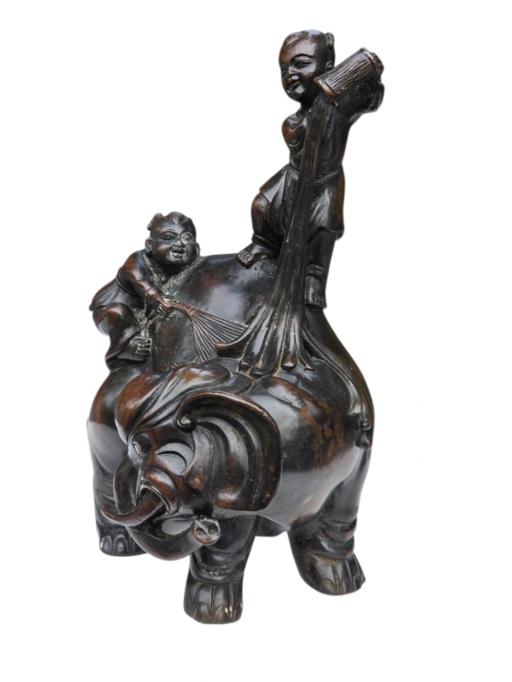 A dark patinated bronze Chinese sculpture depicting two young boys washing a caparisoned elephant. View VIII