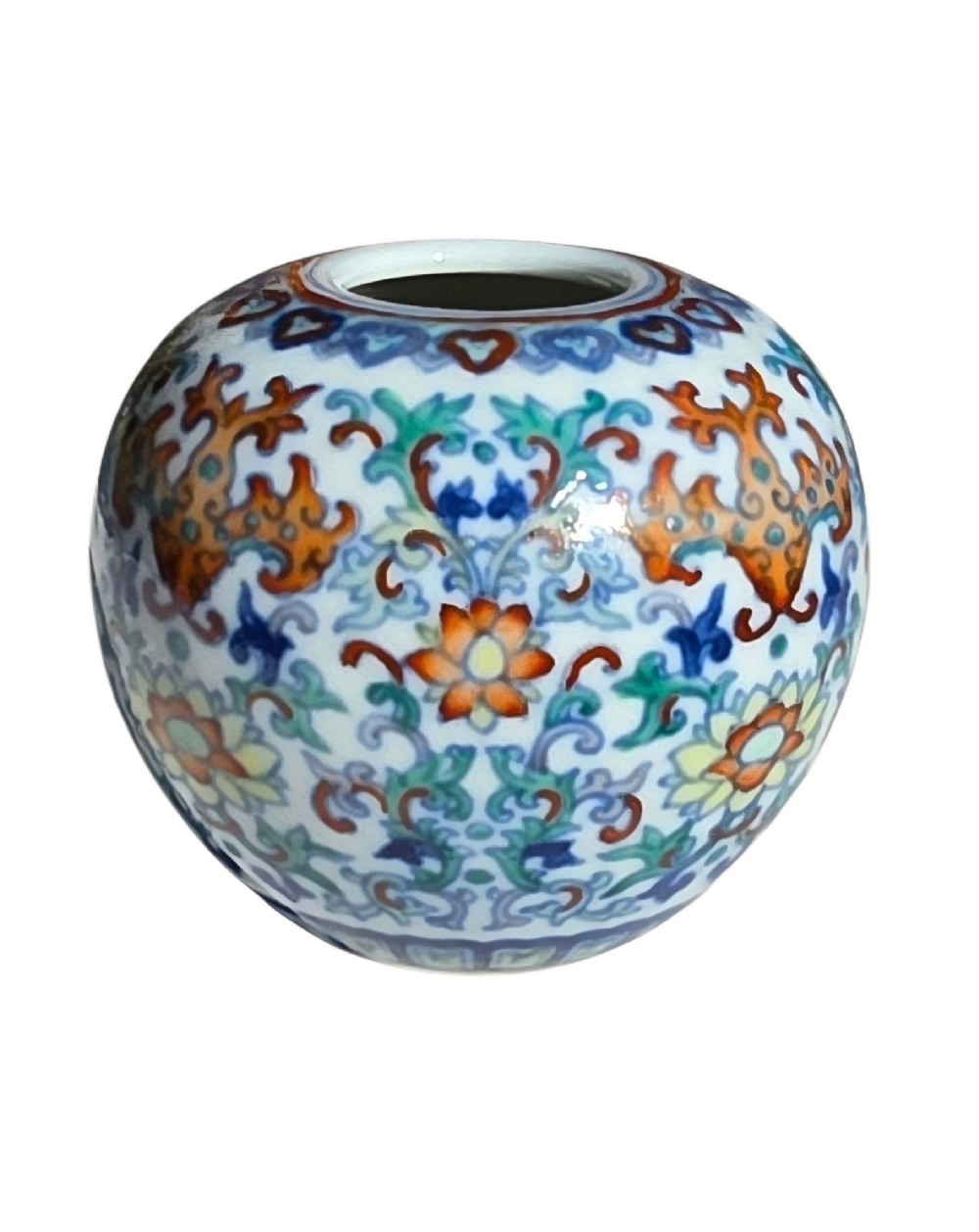 A rounded Chinese porcelain water pot decorated in doucai enamels with lotus flowers, bats, and scrolling foliage. View VII
