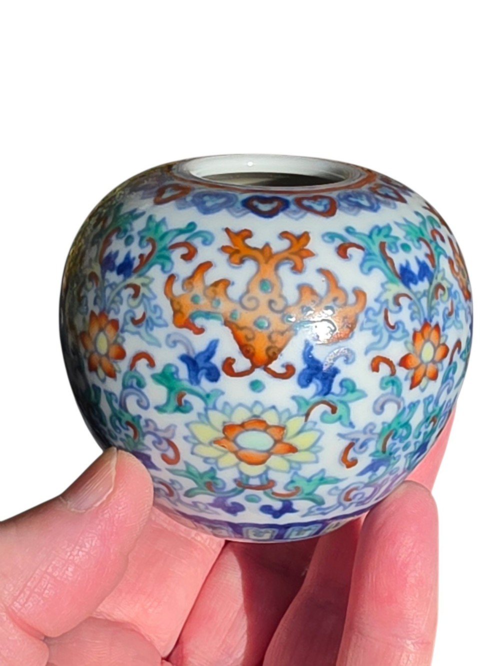 A rounded Chinese porcelain water pot decorated in doucai enamels with lotus flowers, bats, and scrolling foliage. View XIV