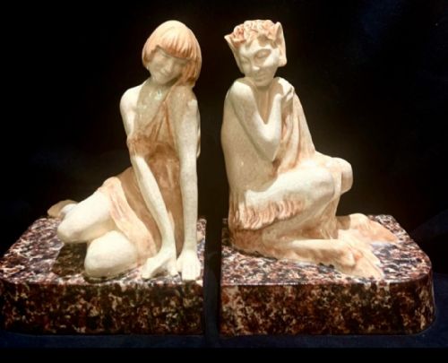 art deco ceramic bookends nymph and satyr by le faguays - CATEGORY: ANTIQUE MISCELLANEOUS - DATED 1920
