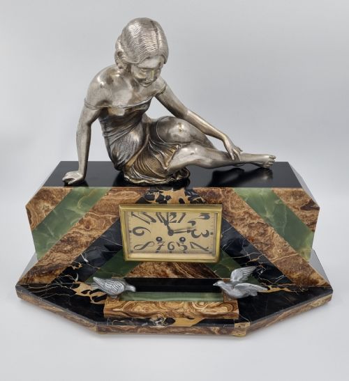 ART DECO MANTEL CLOCK LADY AND BIRD BATH BY URIANO - ADDITIONAL PHOTO 2