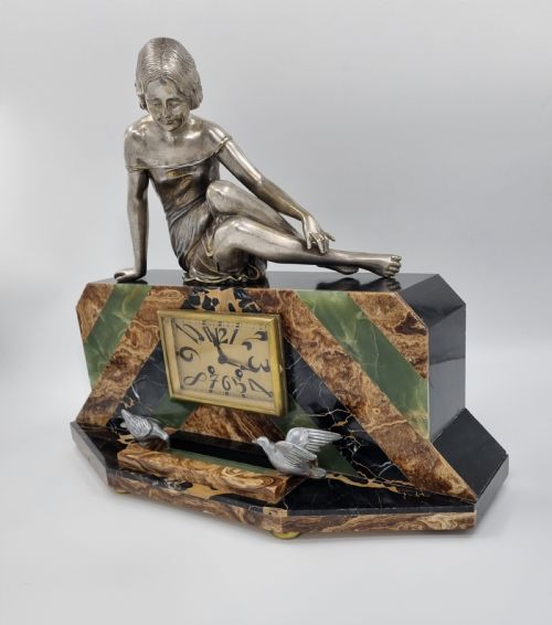 ART DECO MANTEL CLOCK LADY AND BIRD BATH BY URIANO - ADDITIONAL PHOTO 3