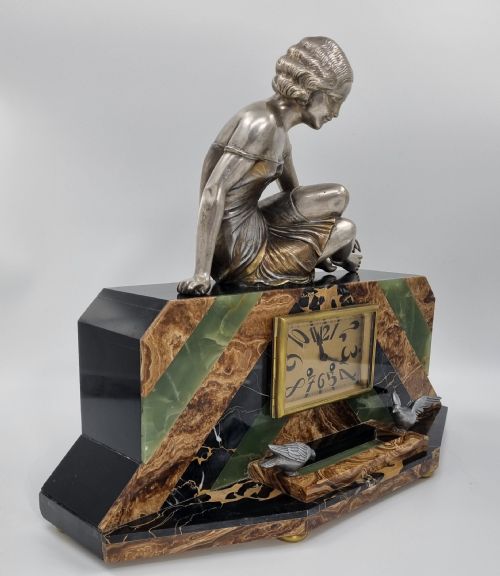 ART DECO MANTEL CLOCK LADY AND BIRD BATH BY URIANO - ADDITIONAL PHOTO 5
