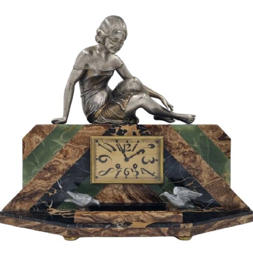 art deco mantel clock lady and bird bath by uriano - CATEGORY: ANTIQUE CLOCKS - DATED 1930