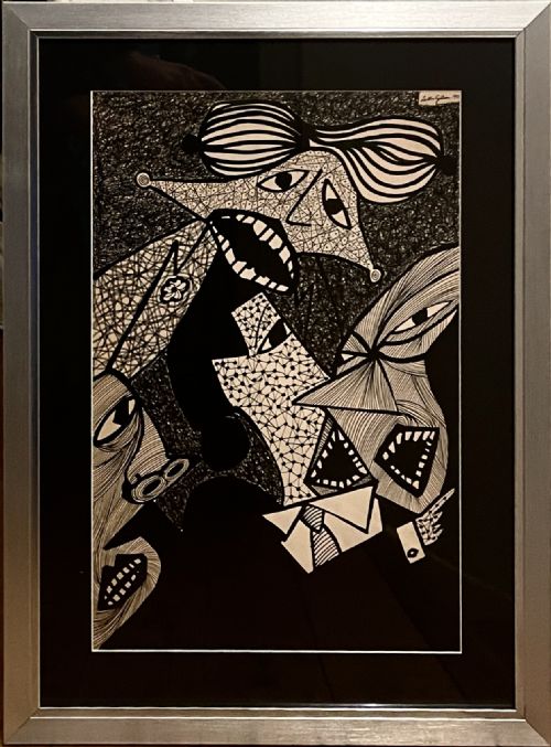 PAINTING ABSTRACT MIXED MEDIA FIGURES SIGNED AND DATED 1951 - ADDITIONAL PHOTO 2