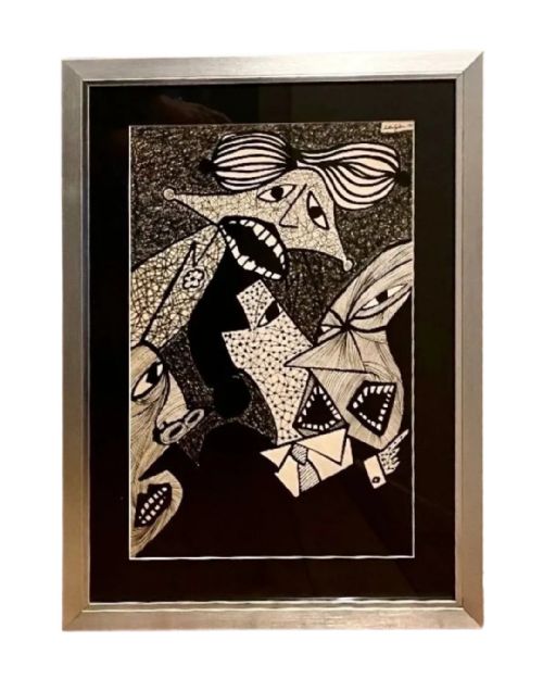 painting abstract mixed media figures signed and dated 1951 - CATEGORY: ANTIQUE ART - DATED 1950