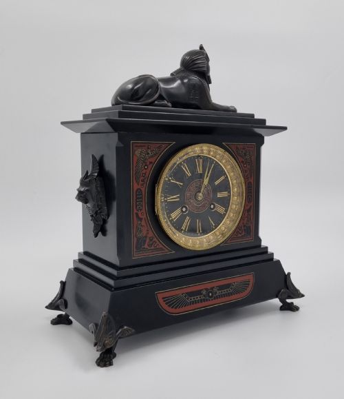 EGYPTIAN REVIVAL MANTEL CLOCK WITH BRONZE SPHINX 19TH CENTURY - ADDITIONAL PHOTO 4