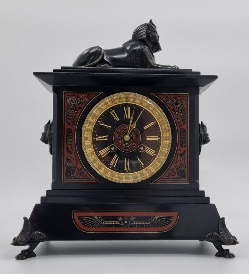 EGYPTIAN REVIVAL MANTEL CLOCK WITH BRONZE SPHINX 19TH CENTURY - ADDITIONAL PHOTO 1