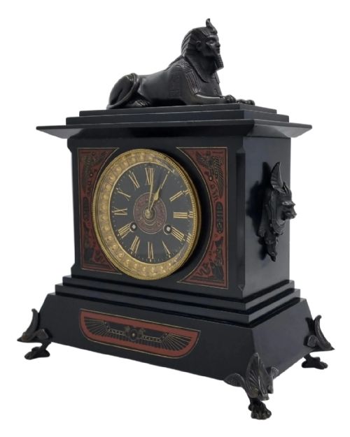 egyptian revival mantel clock with bronze sphinx 19th century - CATEGORY: ANTIQUE CLOCKS - DATED 19TH CENTURY