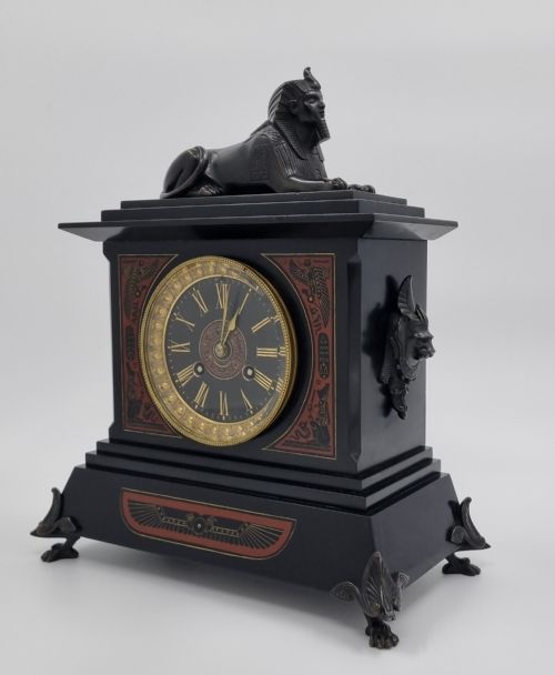 EGYPTIAN REVIVAL MANTEL CLOCK WITH BRONZE SPHINX 19TH CENTURY - ADDITIONAL PHOTO 3