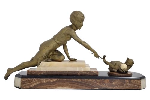 art deco figure lady playing with a cat c 1920s - CATEGORY: ANTIQUE SCULPTURES - DATED 1920