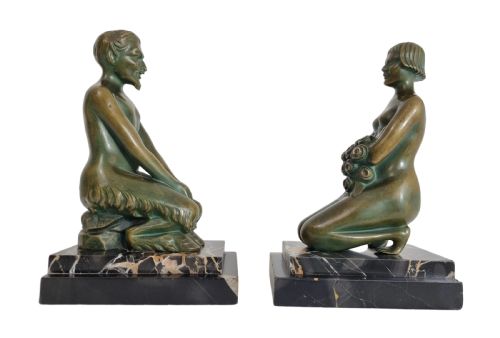 art deco bronze bookends nymph and satyr by h wandaele - CATEGORY: ANTIQUE METAL - DATED 1930