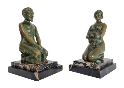ART DECO BRONZE BOOKENDS NYMPH AND SATYR BY H WANDAELE - ADDITIONAL PHOTO 1