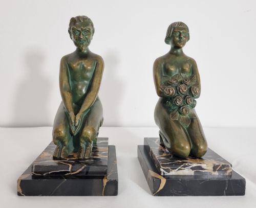 ART DECO BRONZE BOOKENDS NYMPH AND SATYR BY H WANDAELE - ADDITIONAL PHOTO 4