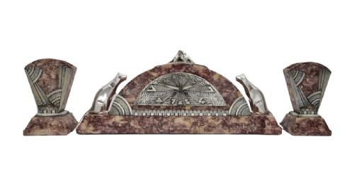 art deco mantel clock set with cubist cats - CATEGORY: ANTIQUE CLOCKS - DATED 1930