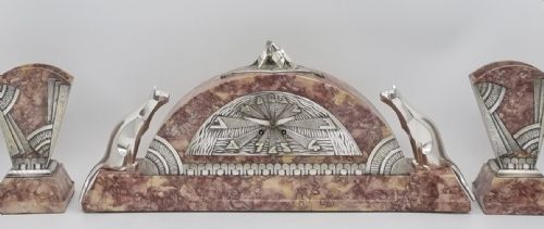 ART DECO MANTEL CLOCK SET WITH CUBIST CATS - ADDITIONAL PHOTO 1