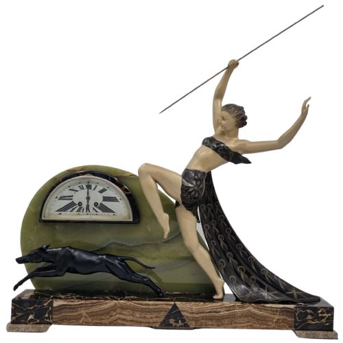 large art deco mantel clock diana the huntress with greyhound by limousin - CATEGORY: ANTIQUE CLOCKS - DATED 1930