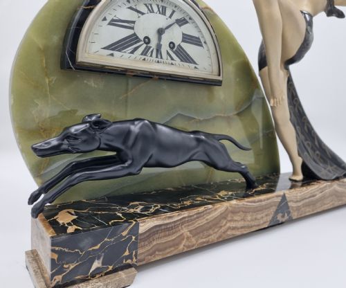 LARGE ART DECO MANTEL CLOCK DIANA THE HUNTRESS WITH GREYHOUND BY LIMOUSIN - ADDITIONAL PHOTO 5