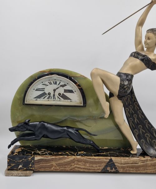 LARGE ART DECO MANTEL CLOCK DIANA THE HUNTRESS WITH GREYHOUND BY LIMOUSIN - ADDITIONAL PHOTO 6