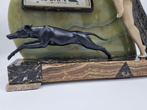 LARGE ART DECO MANTEL CLOCK DIANA THE HUNTRESS WITH GREYHOUND BY LIMOUSIN - ADDITIONAL PHOTO 8
