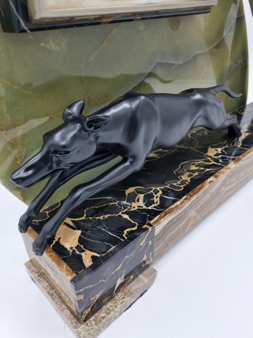 LARGE ART DECO MANTEL CLOCK DIANA THE HUNTRESS WITH GREYHOUND BY LIMOUSIN - ADDITIONAL PHOTO 1