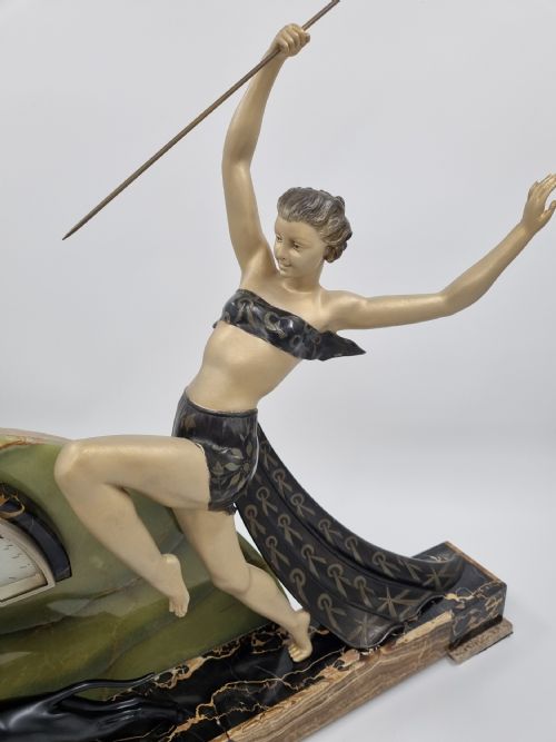 LARGE ART DECO MANTEL CLOCK DIANA THE HUNTRESS WITH GREYHOUND BY LIMOUSIN - ADDITIONAL PHOTO 3