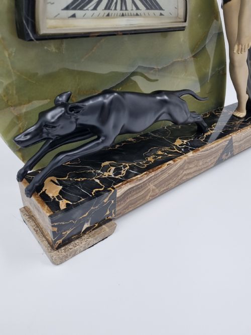 LARGE ART DECO MANTEL CLOCK DIANA THE HUNTRESS WITH GREYHOUND BY LIMOUSIN - ADDITIONAL PHOTO 4