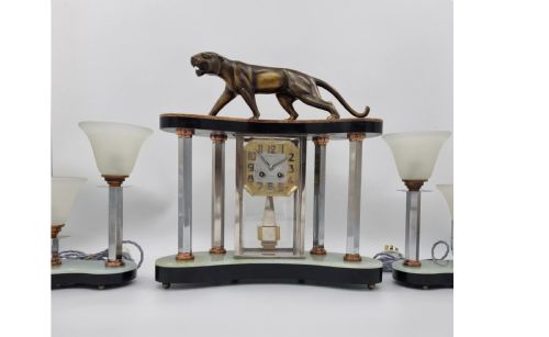 ART DECO BRONZE CLOCK SET WITH PANTHER BY HUGUES - ADDITIONAL PHOTO 1
